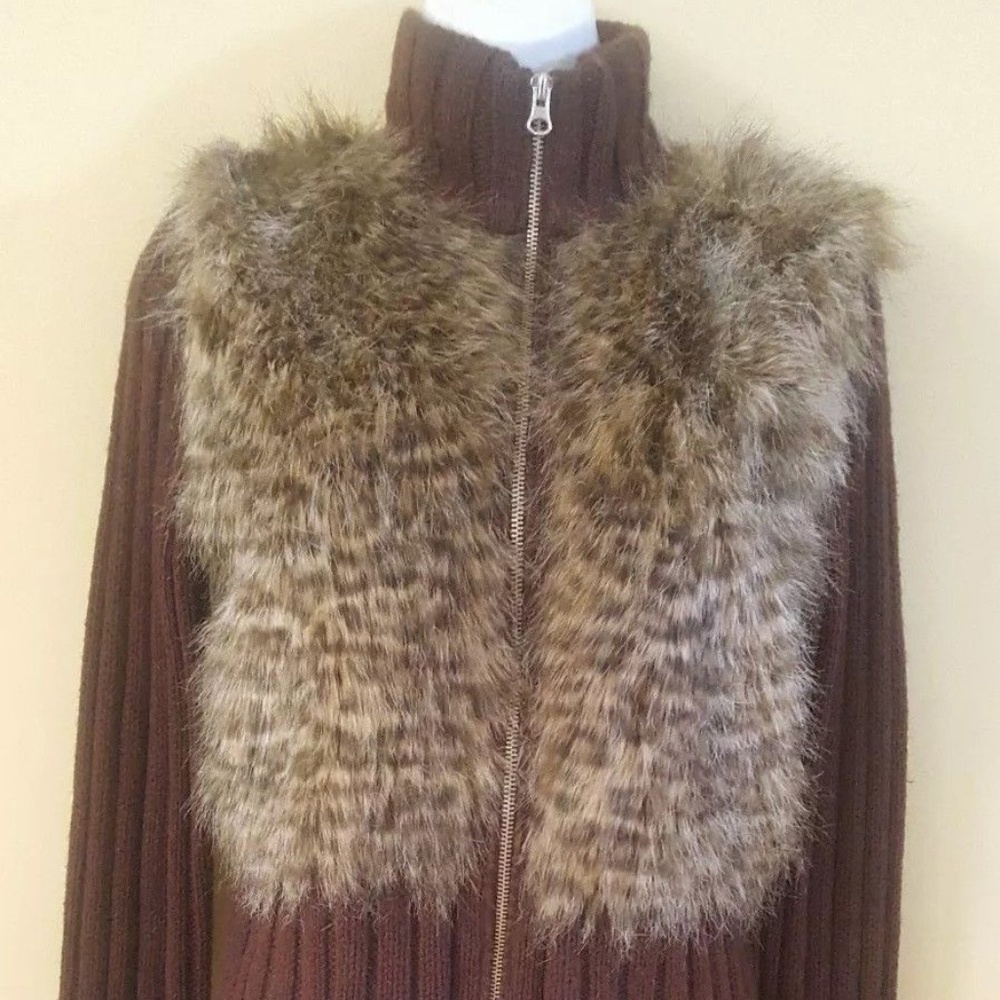 NEXT ERA Faux Fur Knit Zip Up Brown Jacket Sweater